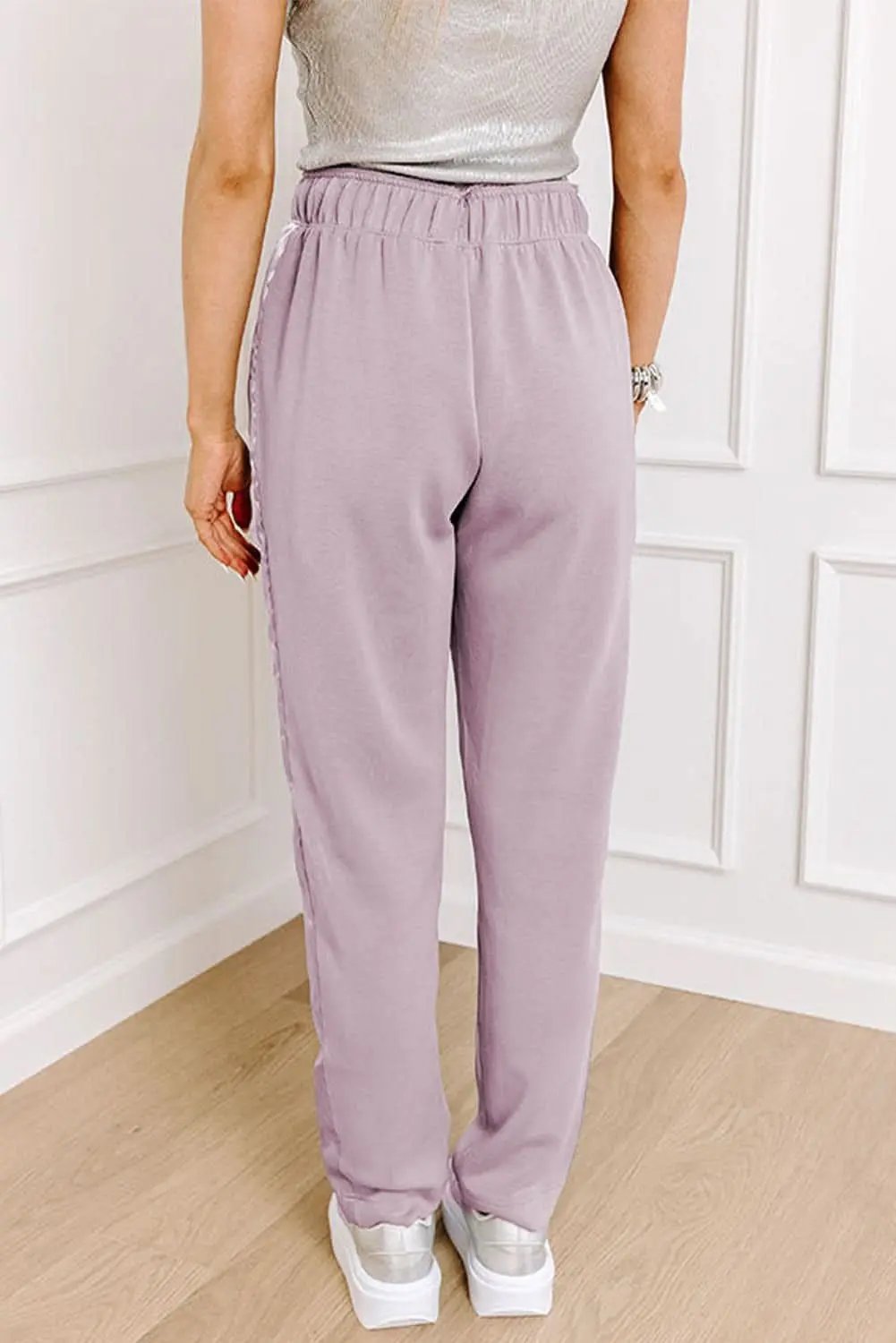 Orchid Petal Drawstring Waist Satin Stripe Patch Straight Leg High Waist Pants - Love Salve